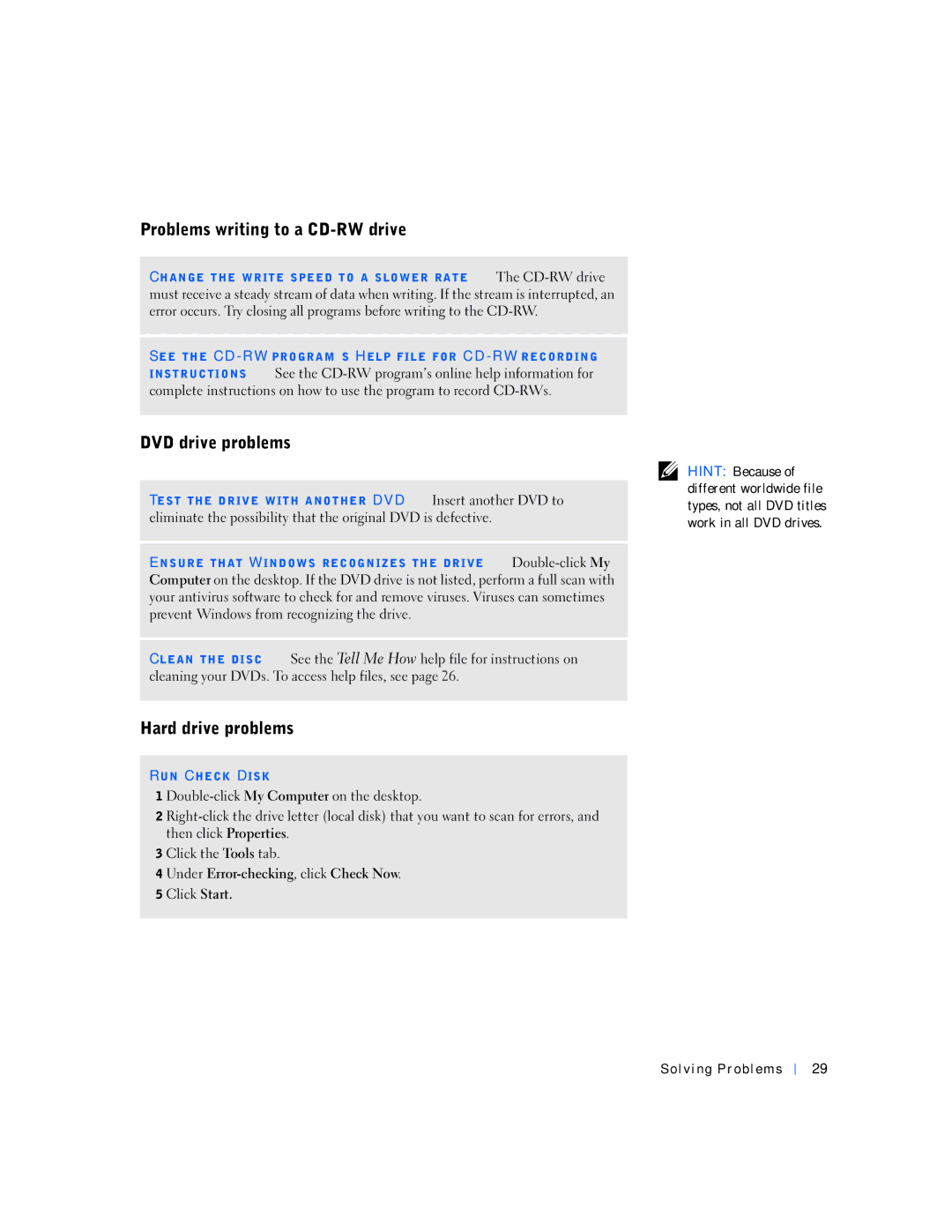 Dell 7M291, 4500S manual Problems writing to a CD-RW drive, DVD drive problems, Hard drive problems 