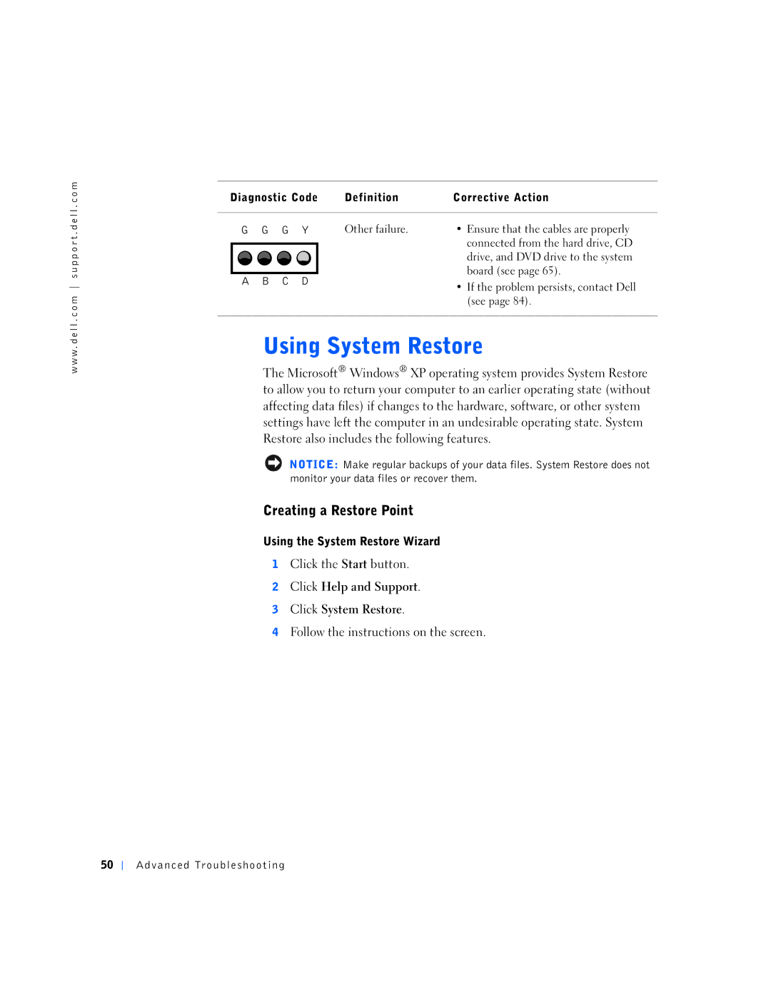 Dell 4500S, 7M291 Creating a Restore Point, Using the System Restore Wizard, Click Help and Support Click System Restore 