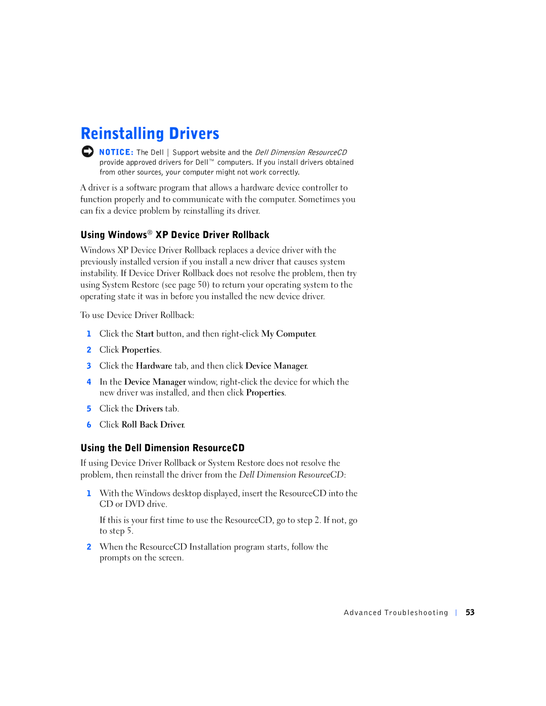 Dell 7M291, 4500S manual Using Windows XP Device Driver Rollback, Using the Dell Dimension ResourceCD, Click Properties 