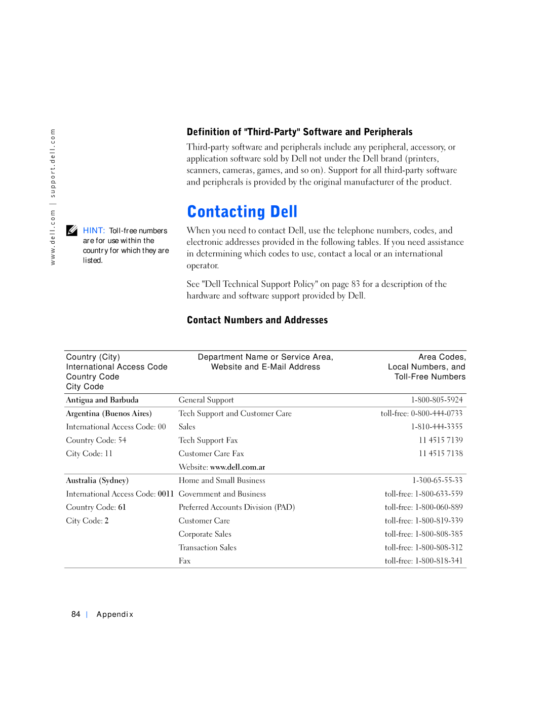 Dell 4500S, 7M291 manual Definition of Third-Party Software and Peripherals, Contact Numbers and Addresses 