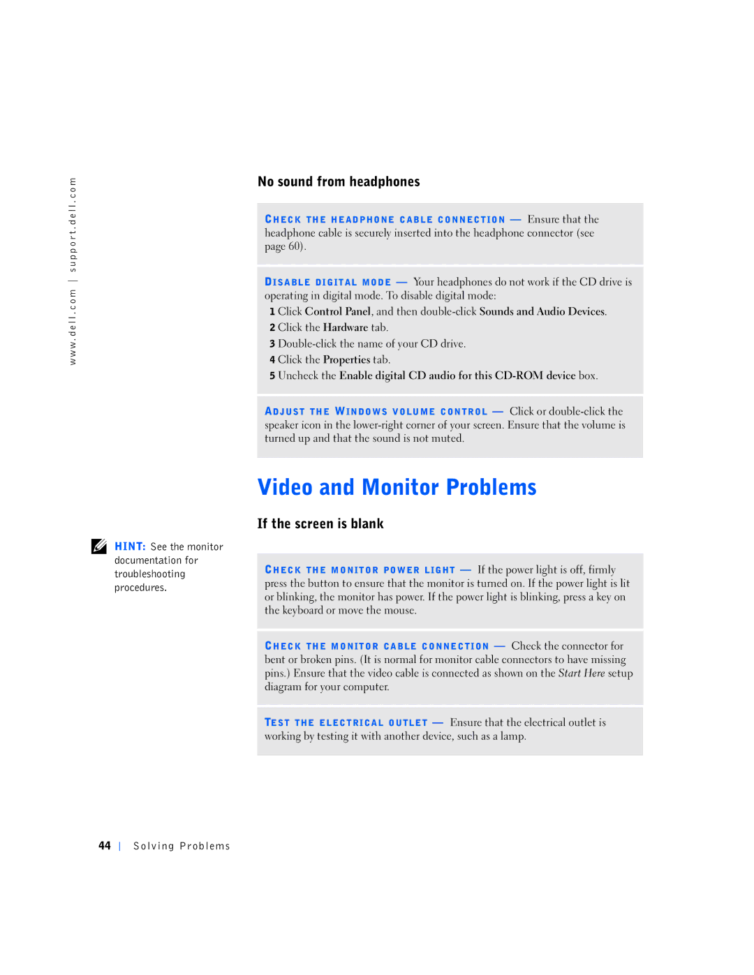 Dell 4500S manual No sound from headphones, If the screen is blank 