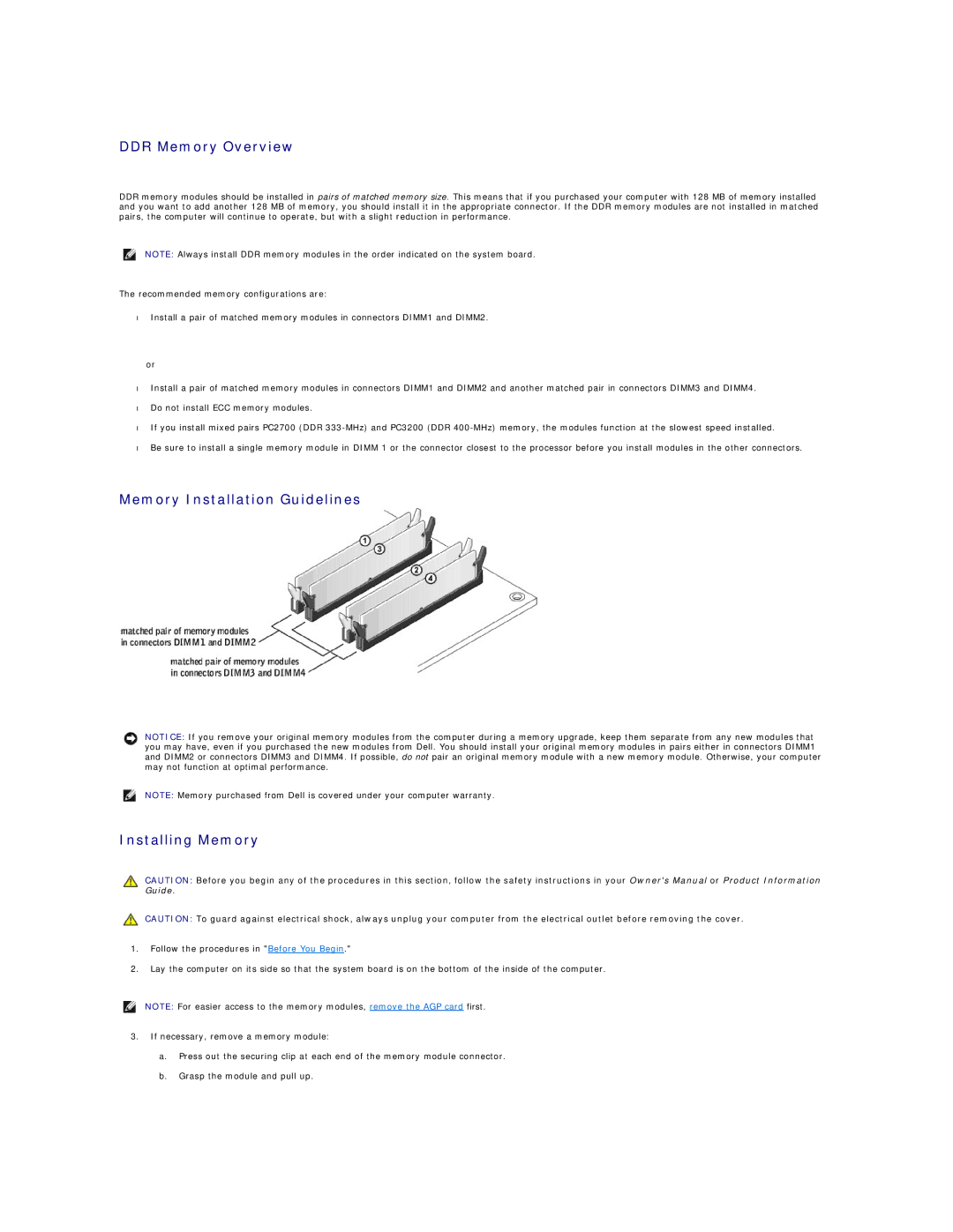 Dell 4600 technical specifications DDR Memory Overview, Memory Installation Guidelines Installing Memory 