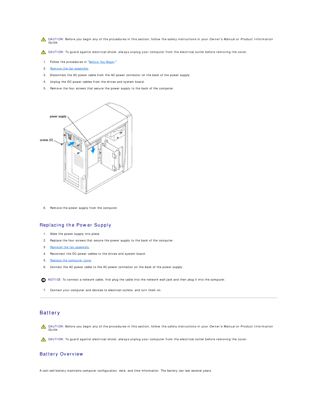 Dell 4600 technical specifications Replacing the Power Supply, Battery Overview, Reinstall the fan assembly 