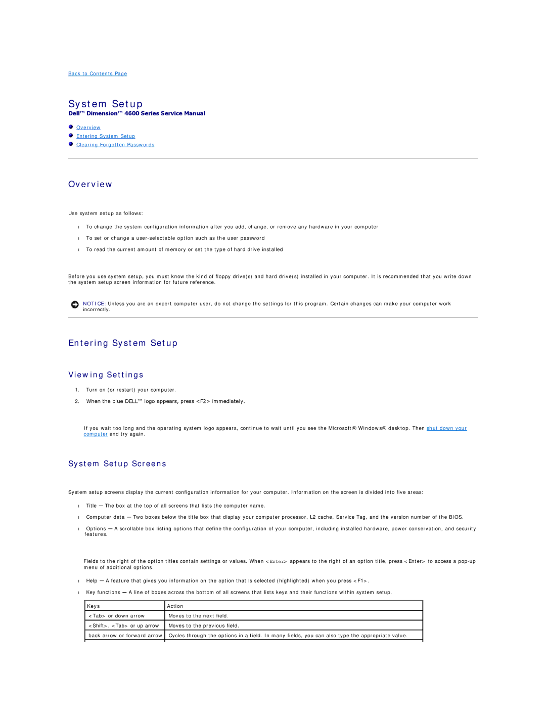 Dell 4600 technical specifications Overview, Entering System Setup, Viewing Settings, System Setup Screens 