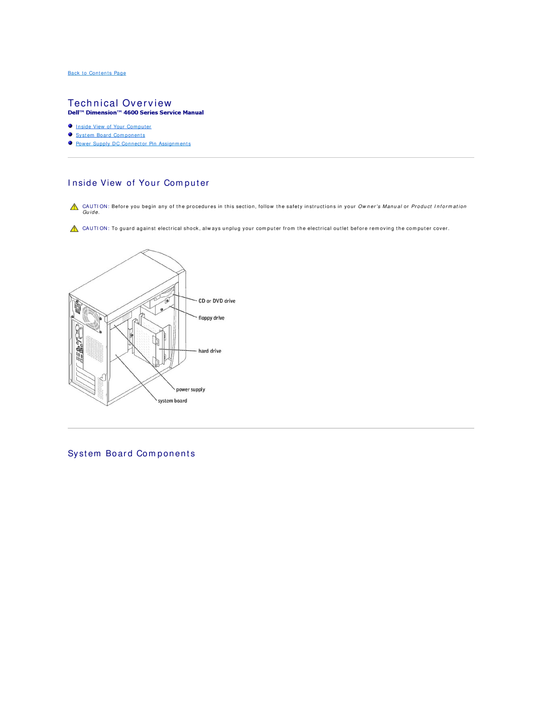 Dell 4600 technical specifications Technical Overview, Inside View of Your Computer System Board Components 