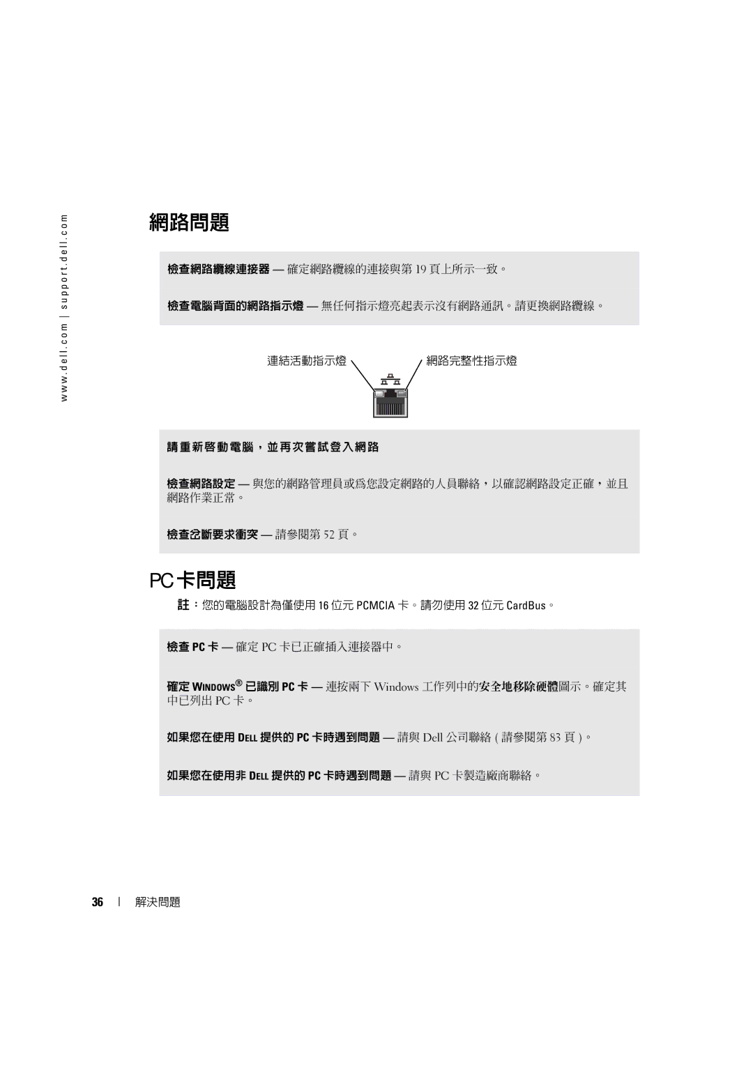 Dell 4600C manual 網路問題, Pc 卡問題 