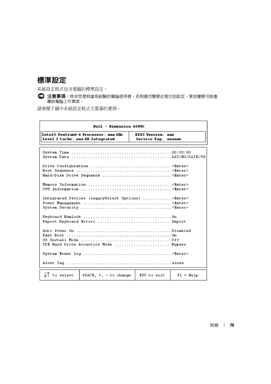 Dell 4600C manual 系統設定程式包含電腦的標準設定。, 請參閱下圖中系統設定程式主螢幕的實例。 