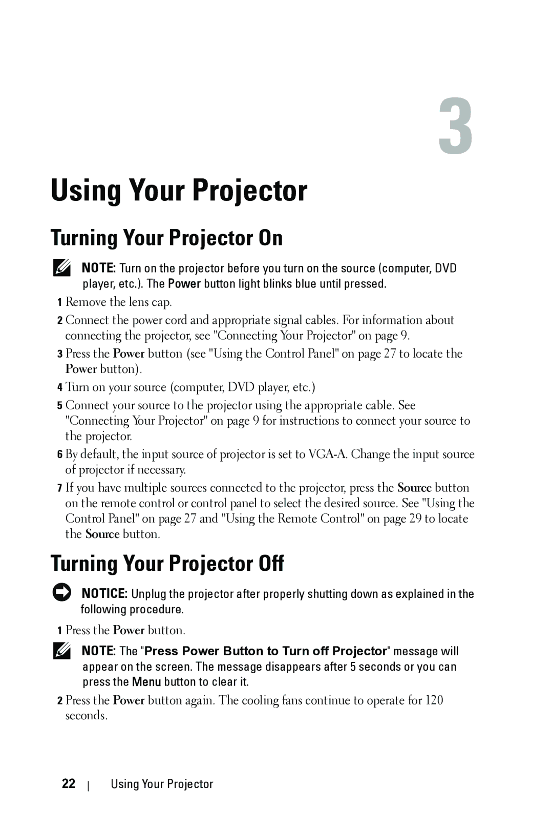 Dell 4610X manual Using Your Projector, Turning Your Projector On, Turning Your Projector Off 