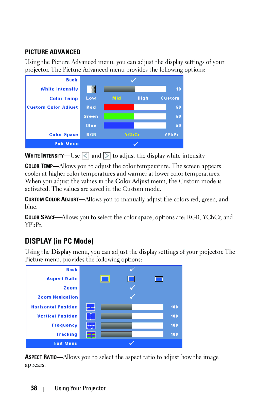 Dell 4610X manual Display in PC Mode, Picture Advanced 