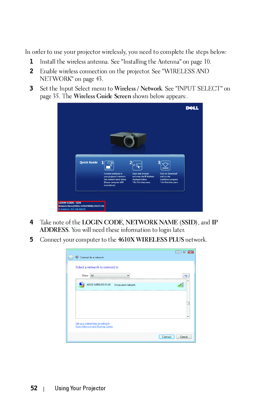 Dell manual Connect your computer to the 4610X Wireless Plus network 