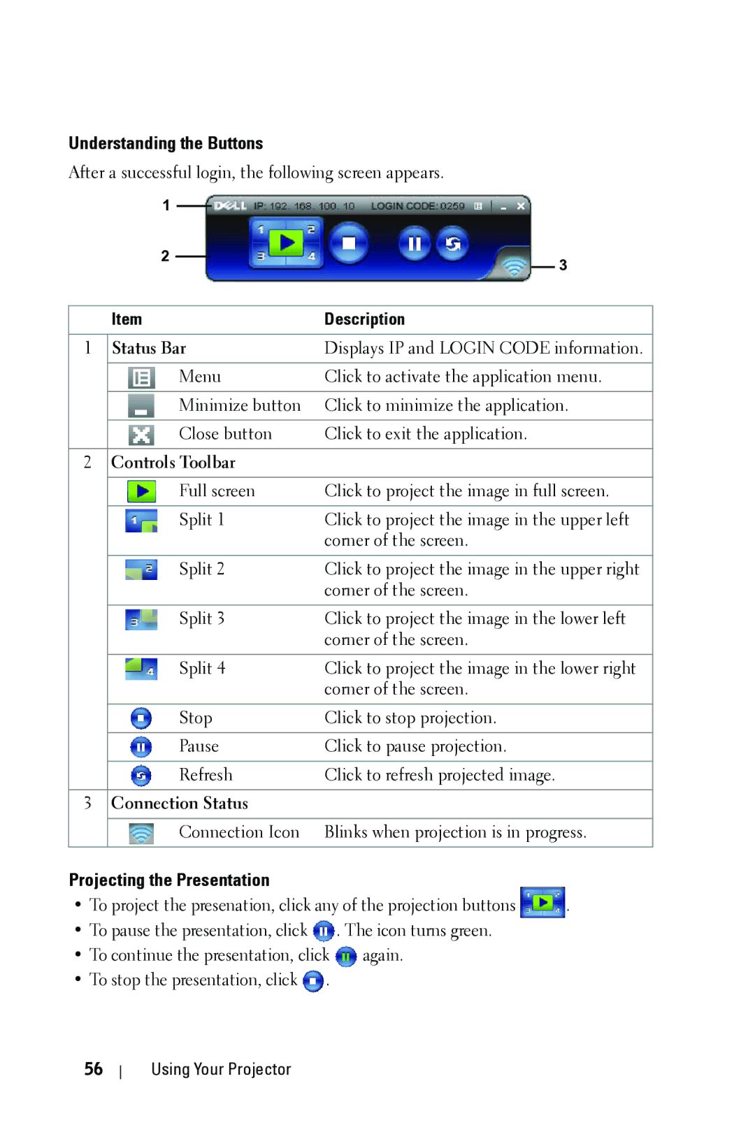 Dell 4610X manual Understanding the Buttons, Projecting the Presentation, Status Bar, Controls Toolbar, Connection Status 