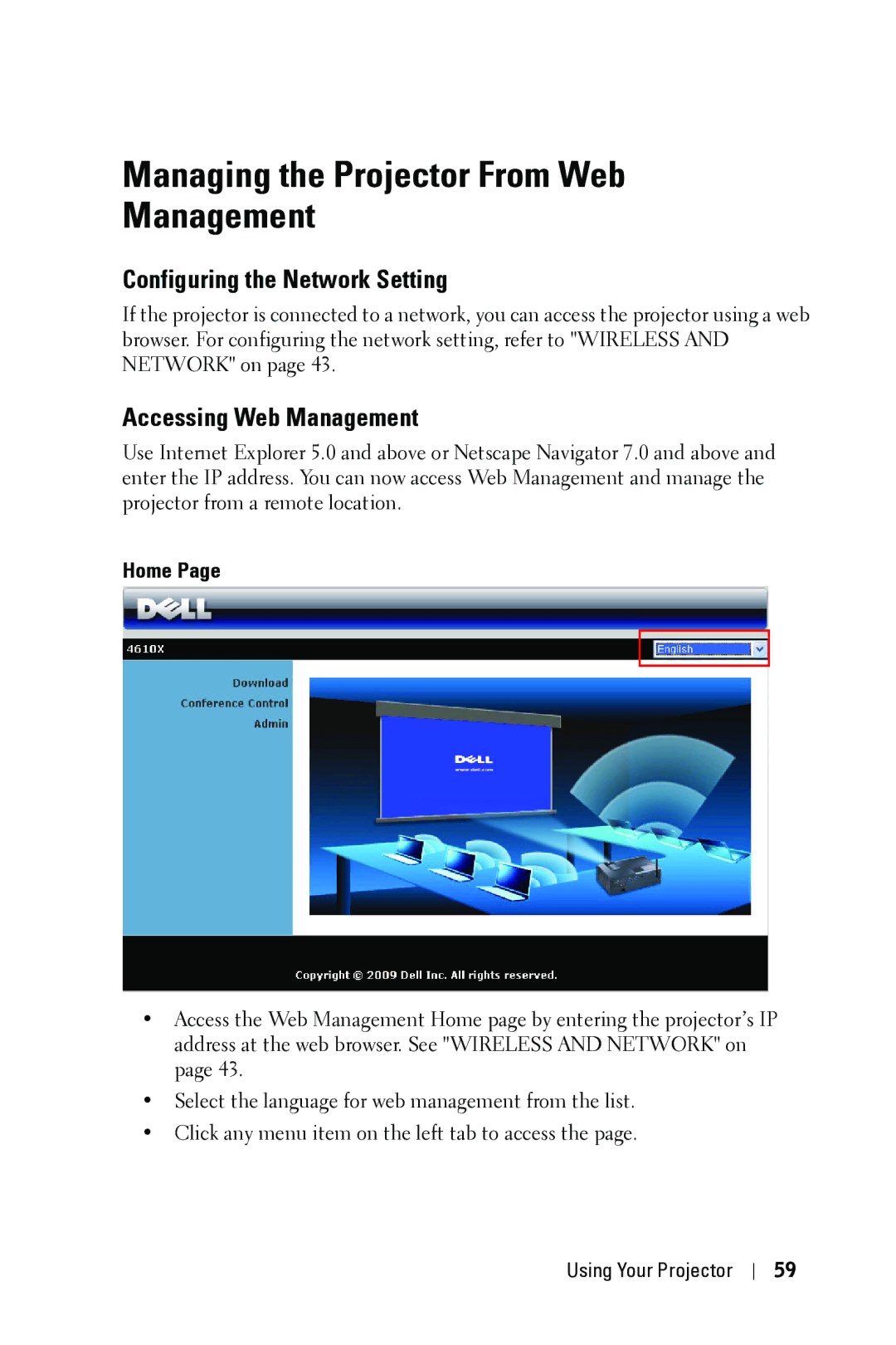 Dell 4610X Managing the Projector From Web Management, Configuring the Network Setting, Accessing Web Management, Home 