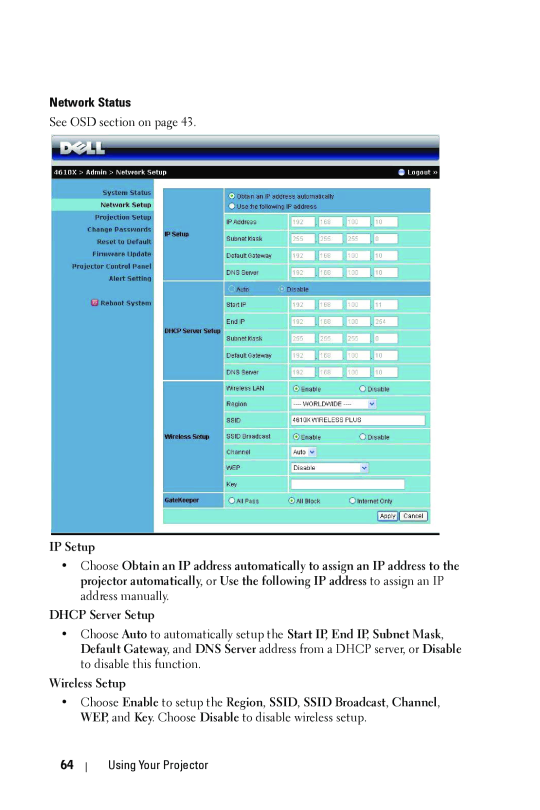 Dell 4610X manual Network Status 