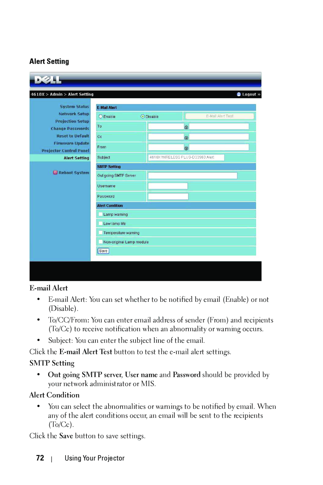 Dell 4610X manual Alert Setting, Mail Alert 