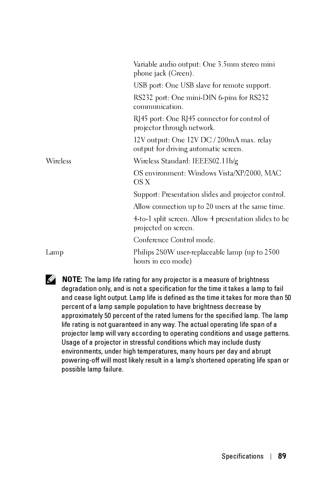 Dell 4610X manual Specifications 