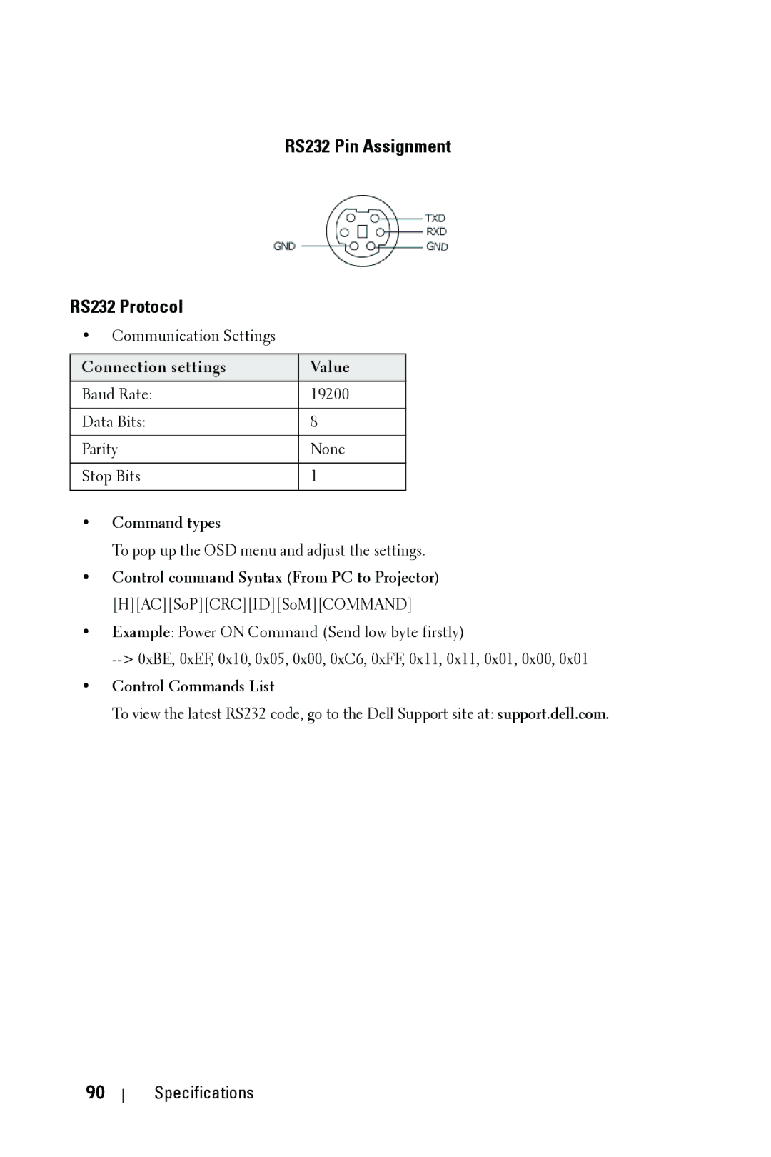 Dell 4610X manual RS232 Pin Assignment RS232 Protocol, Command types 