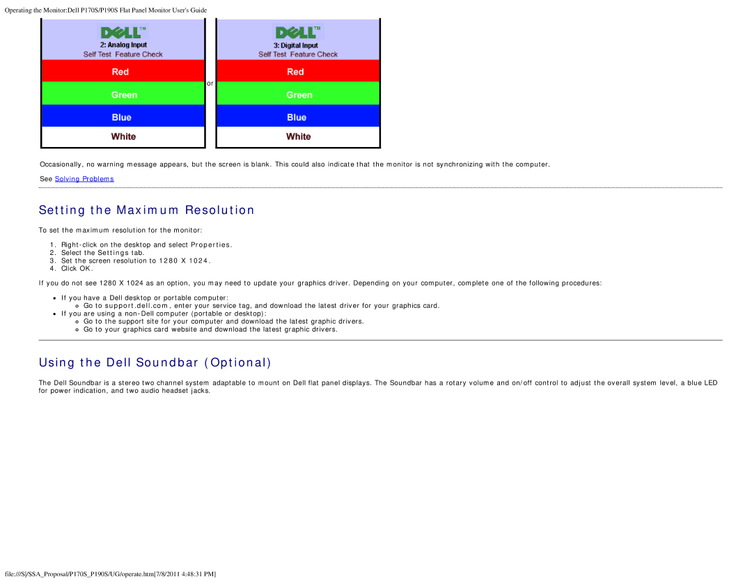 Dell 4647115 appendix Setting the Maximum Resolution, Using the Dell Soundbar Optional 