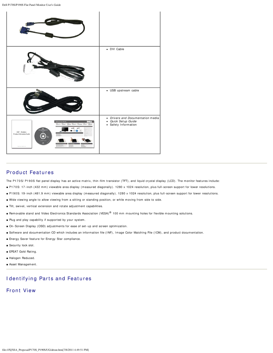 Dell 4647115 appendix Product Features, Identifying Parts and Features Front View 