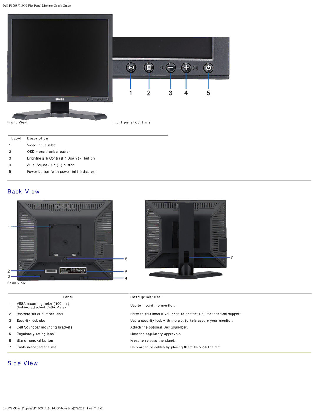 Dell 4647115 Back View, Side View, Front View Front panel controls Label Description, Back view Label, Description/Use 