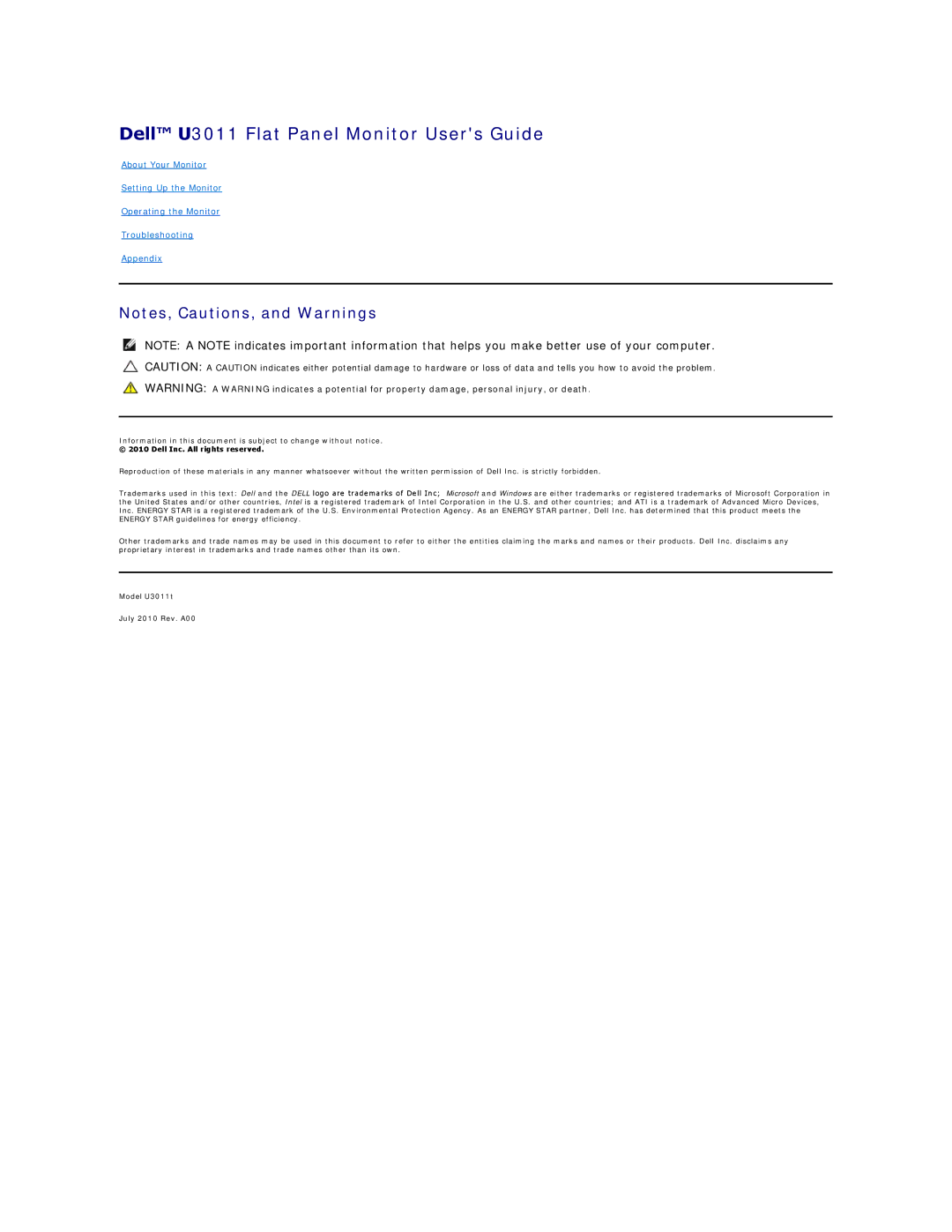 Dell 4688513 appendix Dell U3011 Flat Panel Monitor Users Guide 