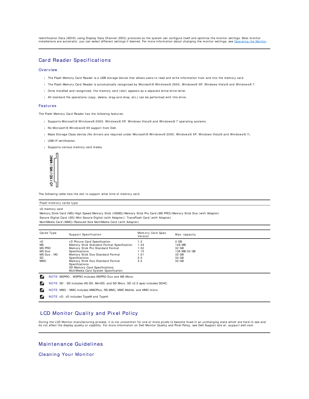 Dell 4688513 appendix Card Reader Specifications, LCD Monitor Quality and Pixel Policy, Maintenance Guidelines 