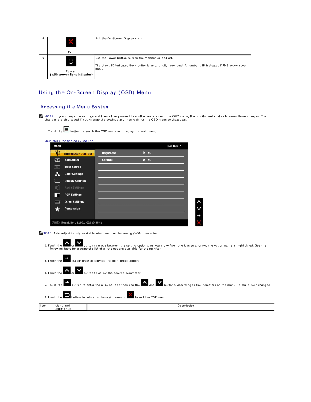 Dell 4688513 Using the On-Screen Display OSD Menu, Accessing the Menu System, Exit, Power With power light indicator 