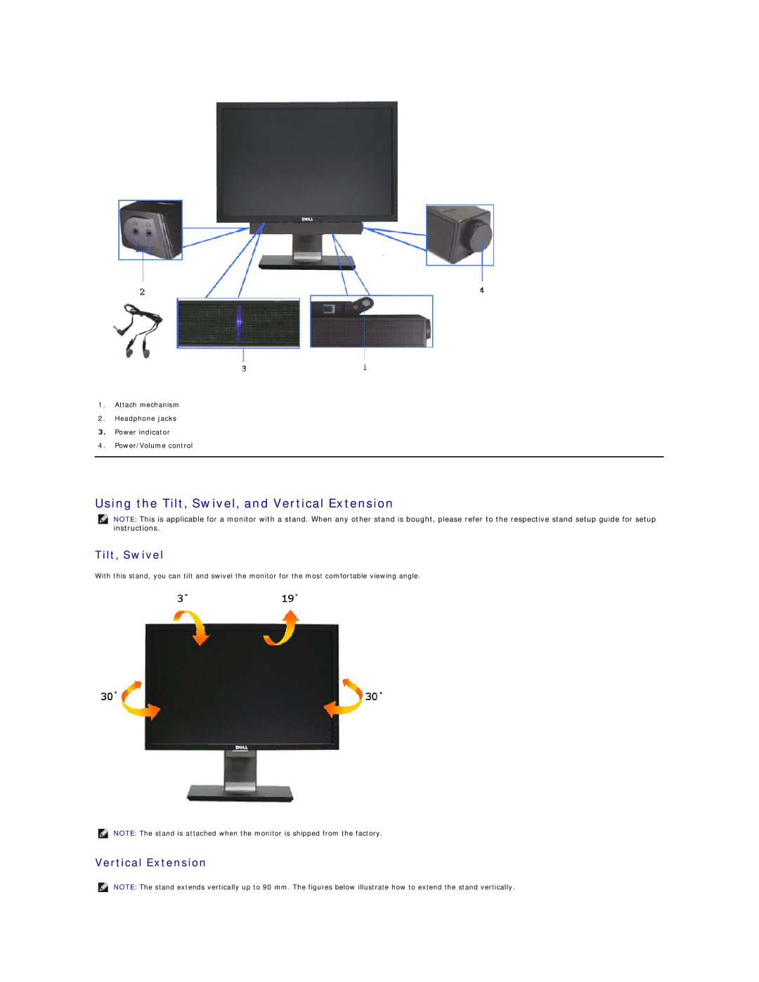 Dell 4688513 appendix Using the Tilt, Swivel, and Vertical Extension 