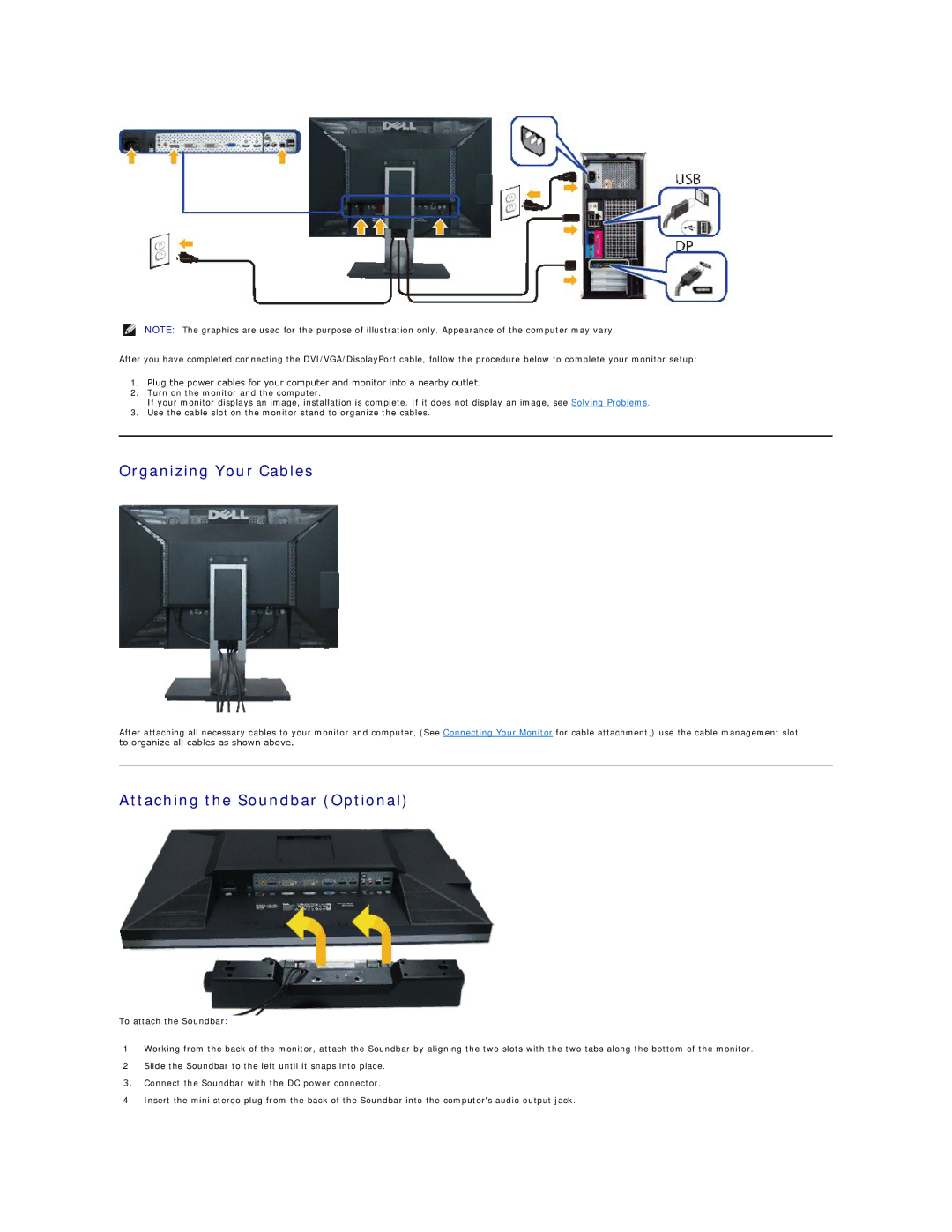 Dell 4688513 appendix Organizing Your Cables, Attaching the Soundbar Optional 