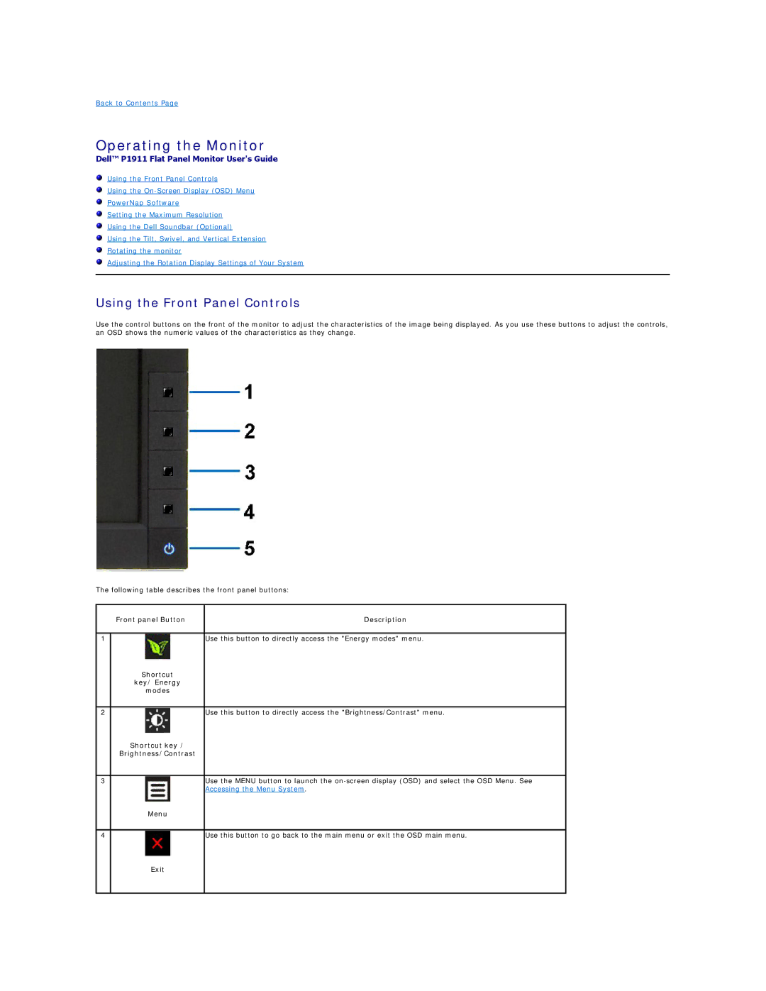 Dell 469-0052, P1911 appendix Operating the Monitor, Using the Front Panel Controls 