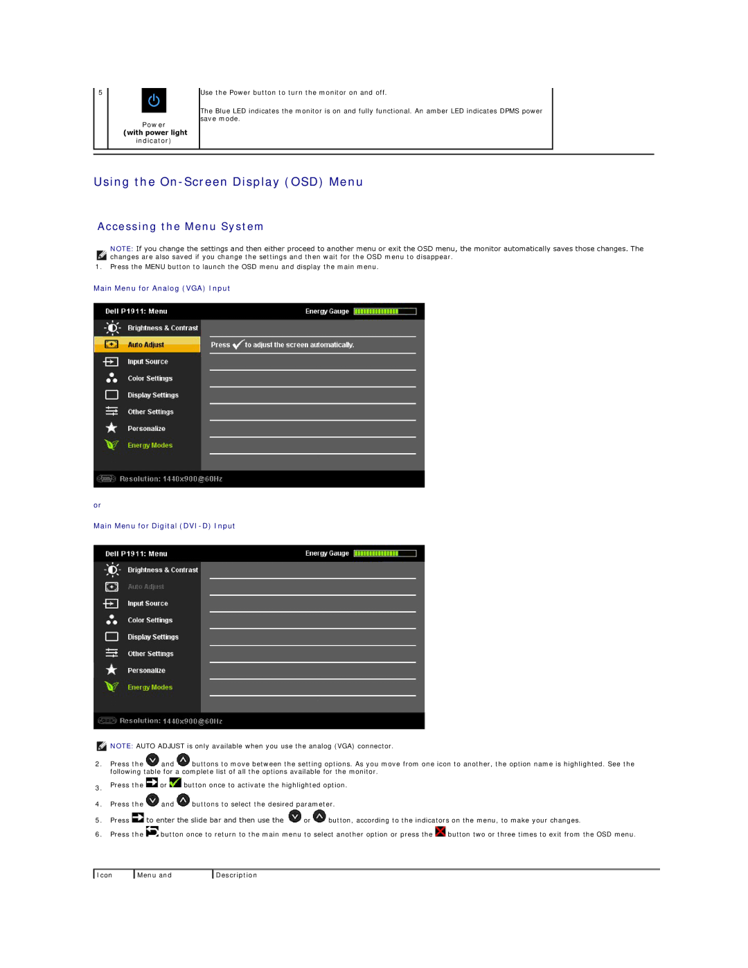 Dell P1911, 469-0052 Using the On-Screen Display OSD Menu, Accessing the Menu System, Power with power light Indicator 