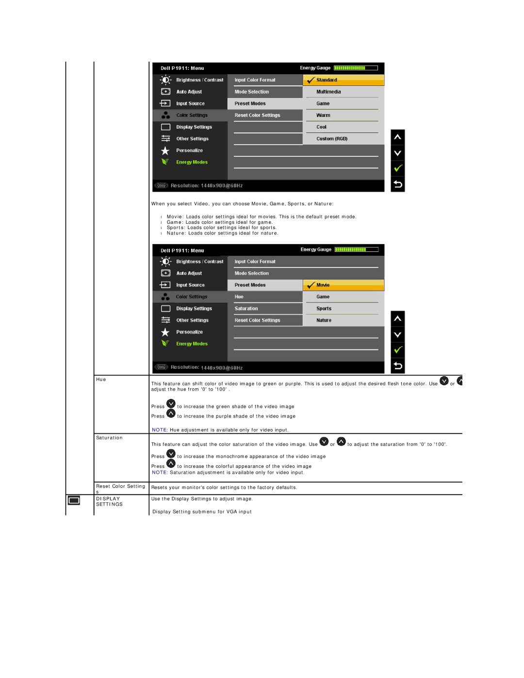 Dell 469-0052, P1911 appendix Hue, Saturation, Reset Color Setting, Display Setting submenu for VGA input 