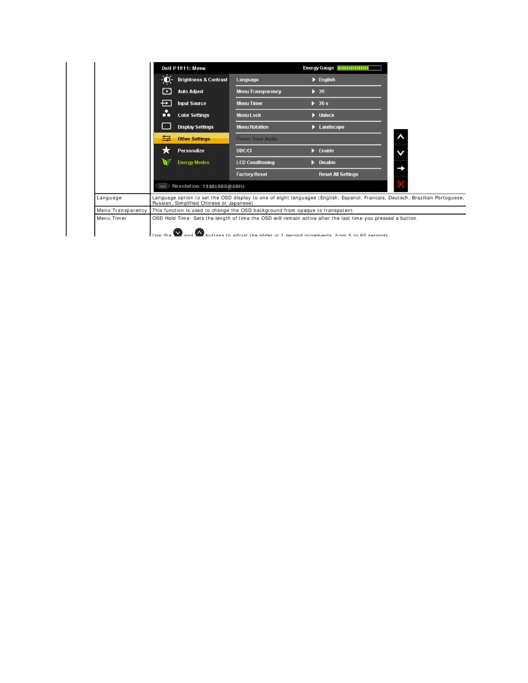 Dell 469-0052, P1911 appendix Language, Menu Transparency, Menu Timer 