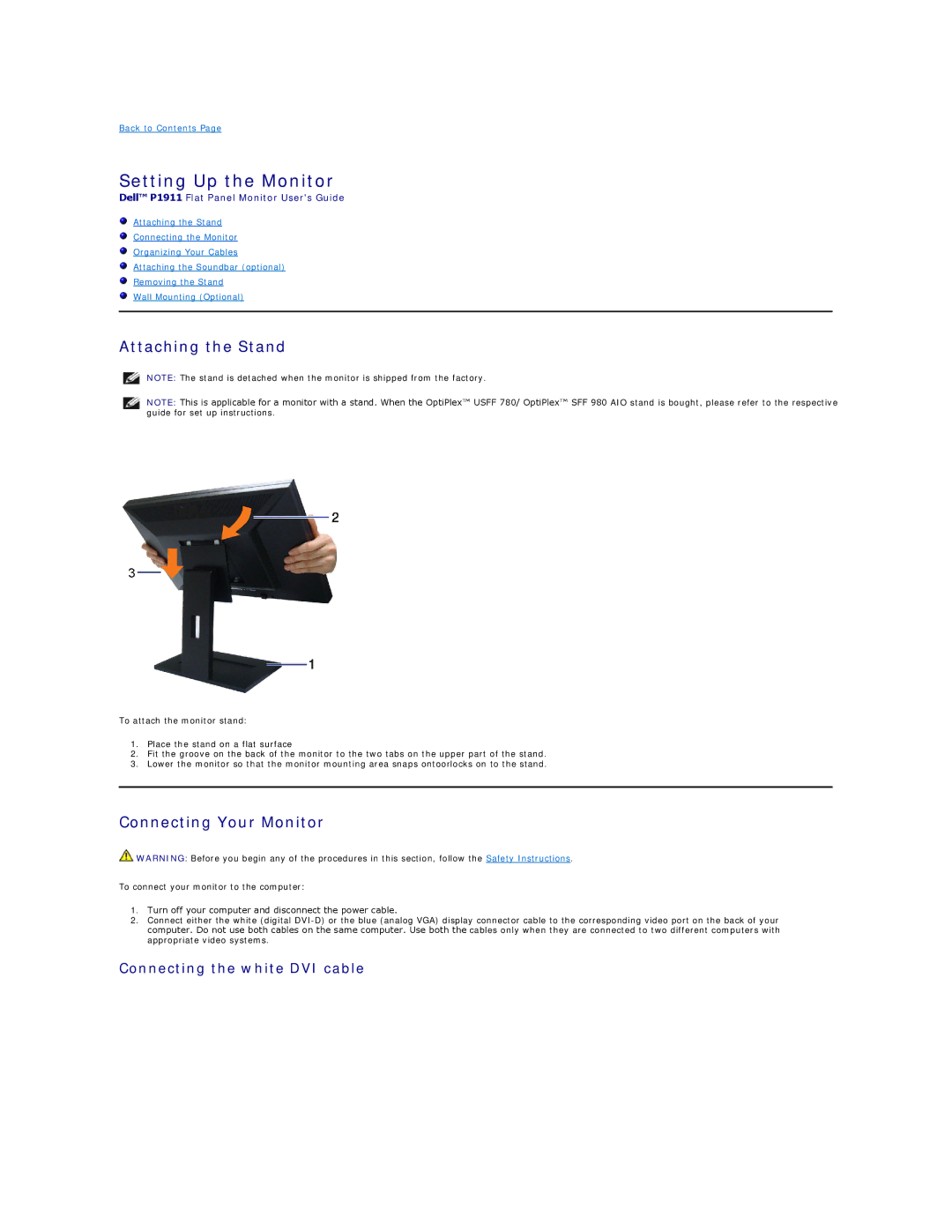 Dell P1911, 469-0052 Setting Up the Monitor, Attaching the Stand, Connecting Your Monitor, Connecting the white DVI cable 