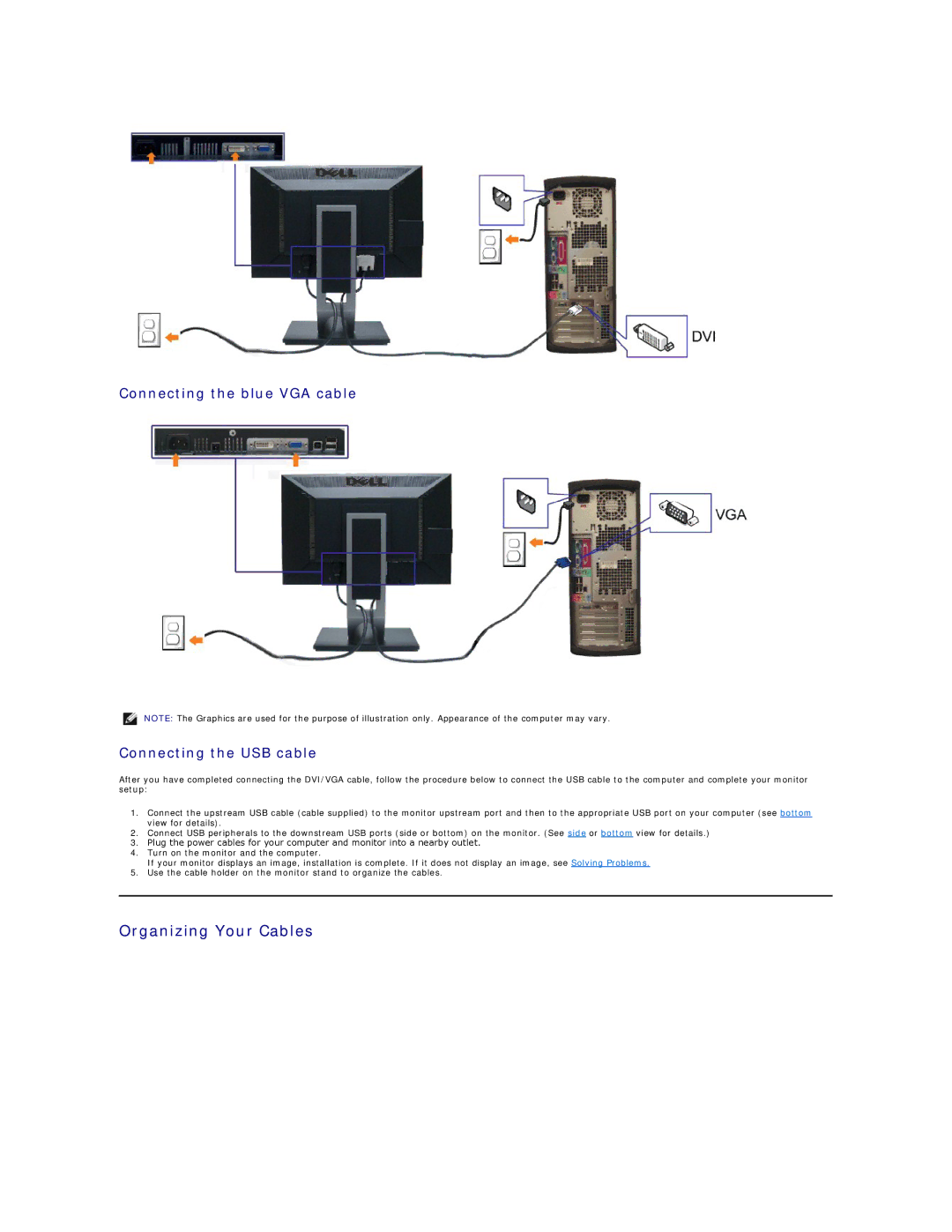 Dell 469-0052, P1911 appendix Organizing Your Cables, Connecting the blue VGA cable Connecting the USB cable 