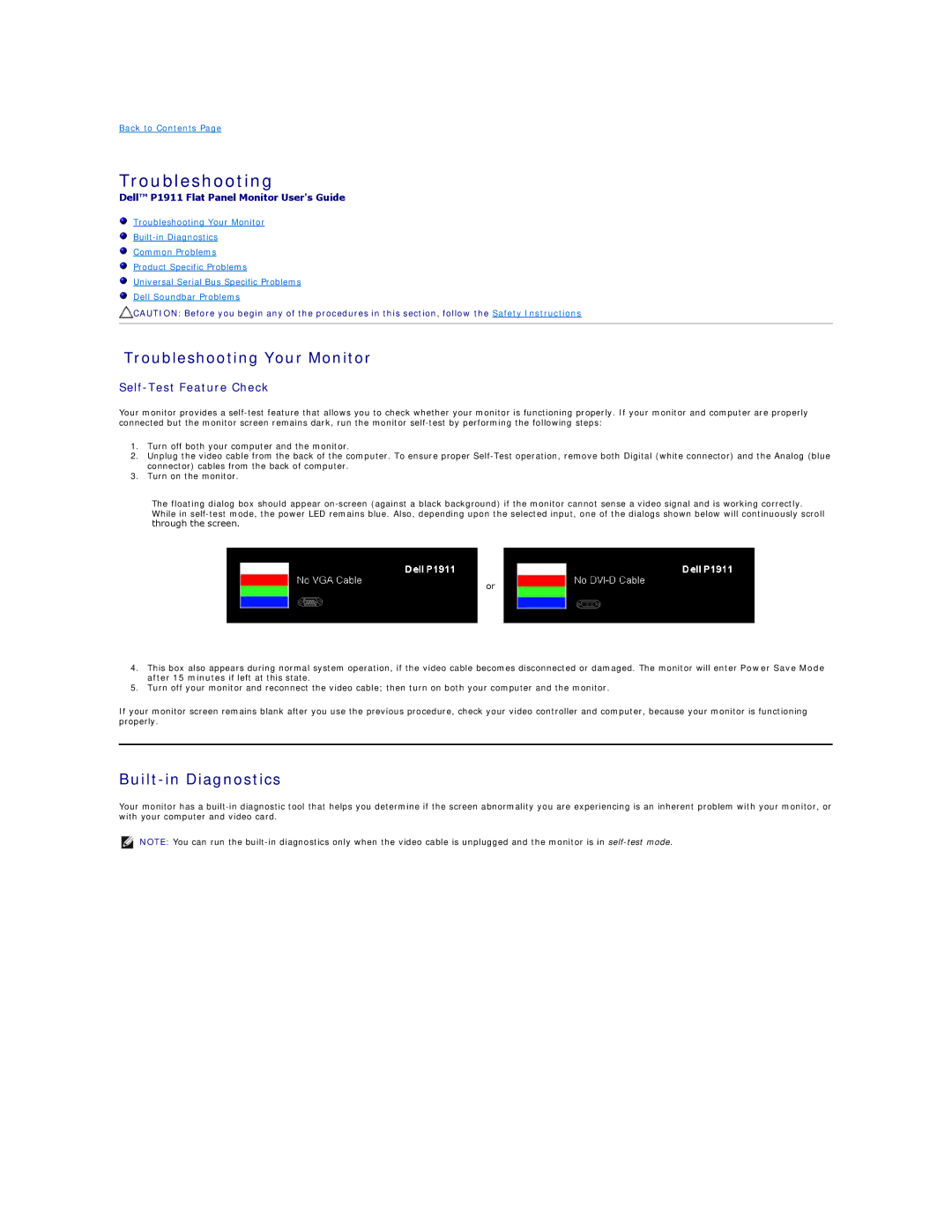 Dell P1911, 469-0052 appendix Troubleshooting Your Monitor, Built-in Diagnostics 