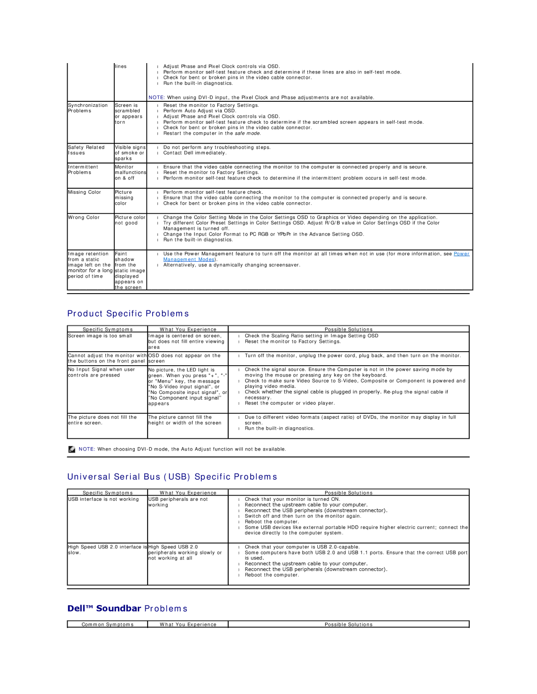 Dell P1911, 469-0052 appendix Product Specific Problems, Universal Serial Bus USB Specific Problems, Dell Soundbar Problems 