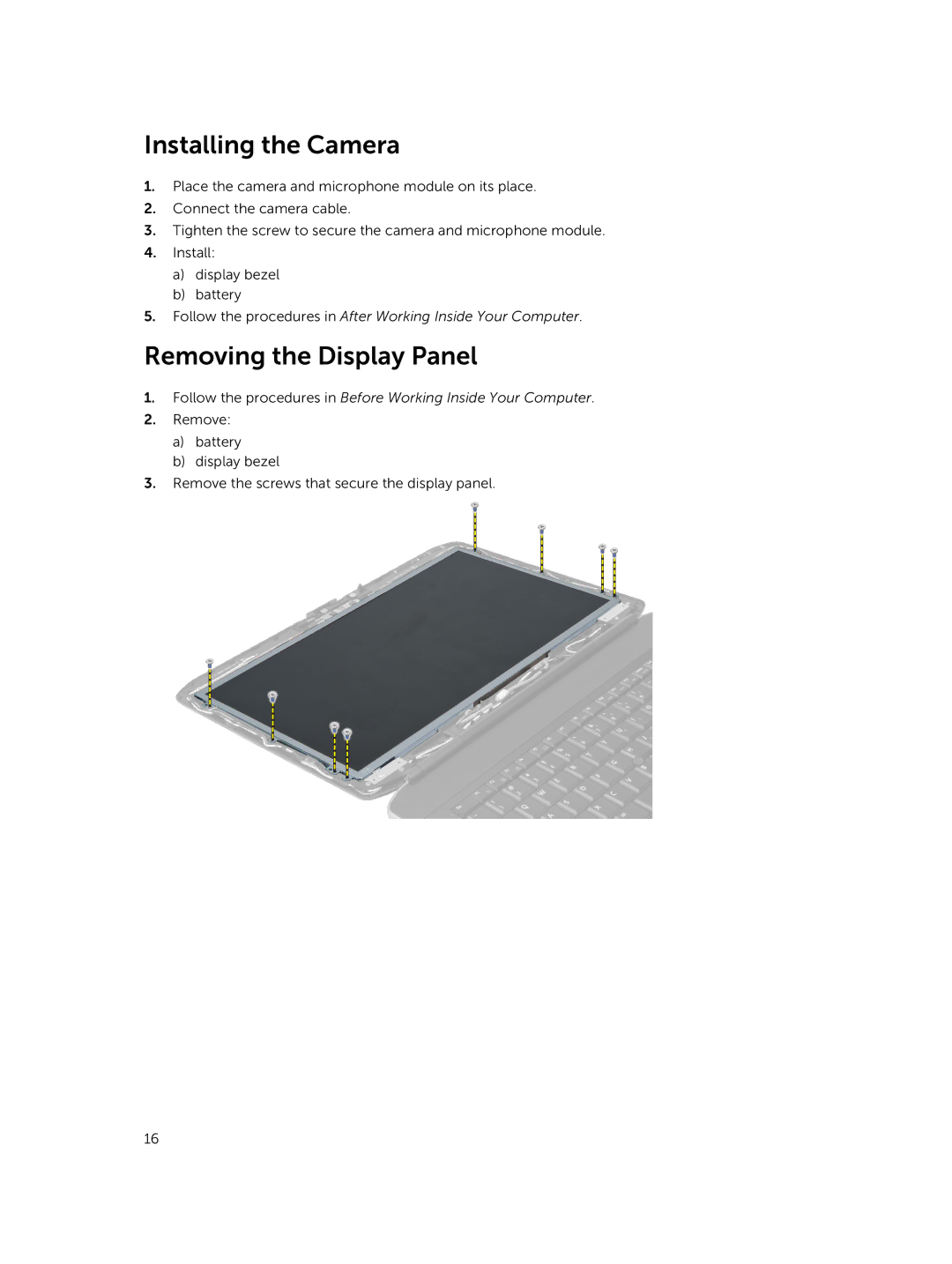 Dell 469-4077, 469-3137, I14RMT7500SLV owner manual Installing the Camera, Removing the Display Panel 