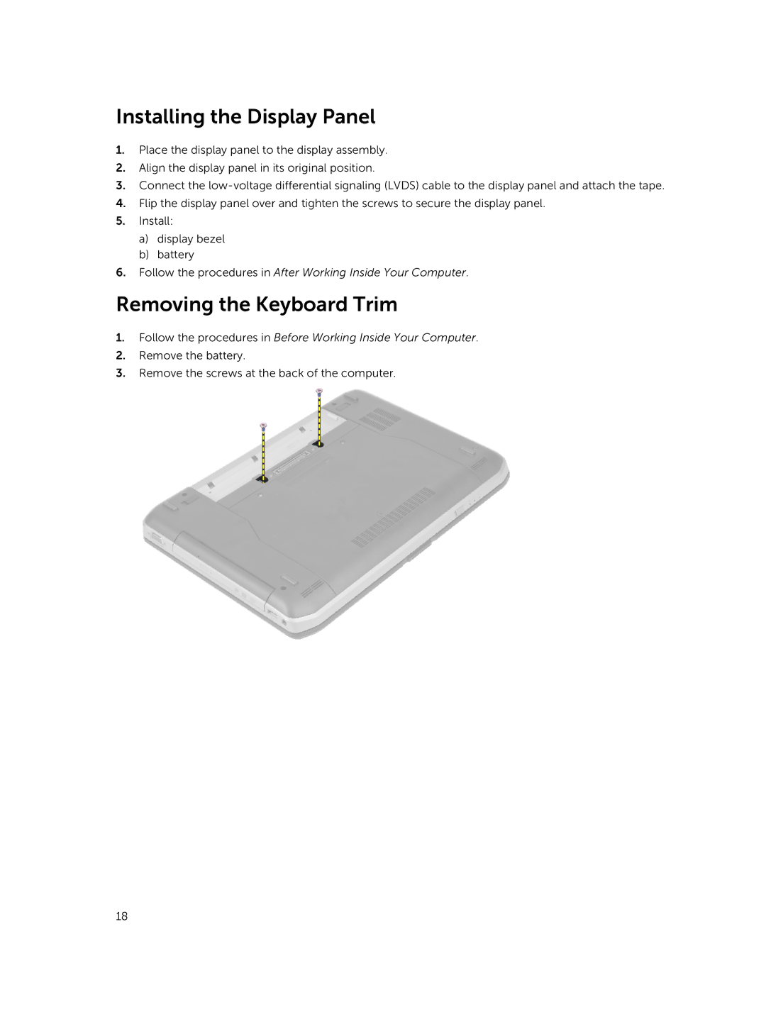 Dell 469-3137, 469-4077, I14RMT7500SLV owner manual Installing the Display Panel, Removing the Keyboard Trim 