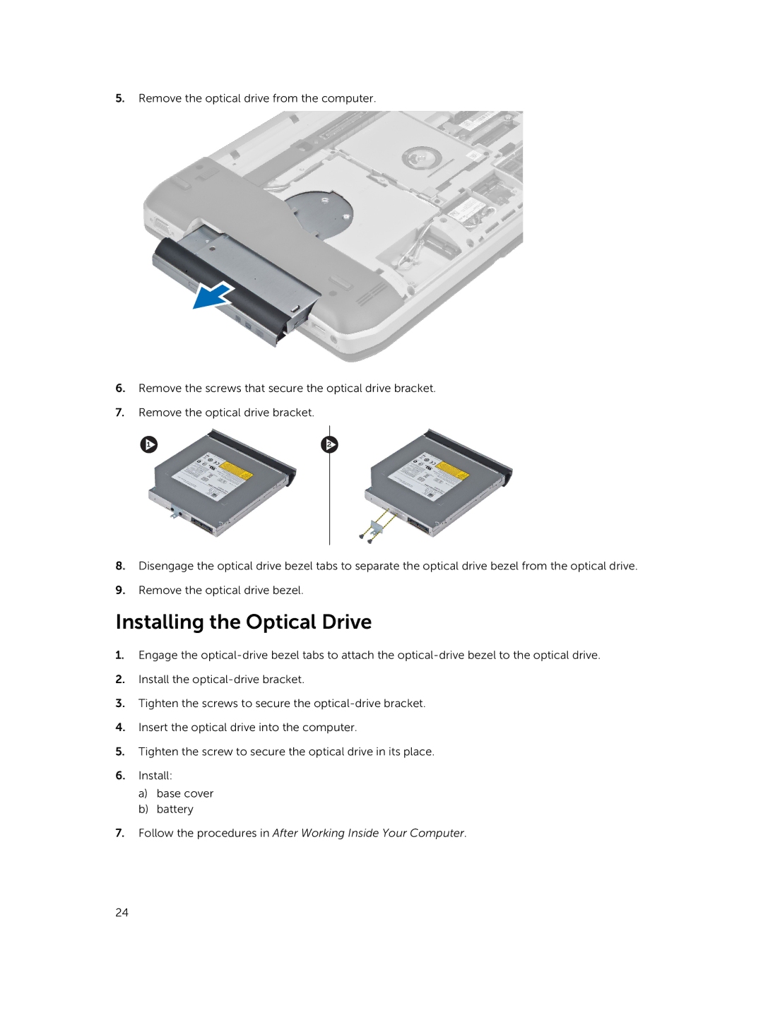 Dell 469-3137, 469-4077, I14RMT7500SLV owner manual Installing the Optical Drive 