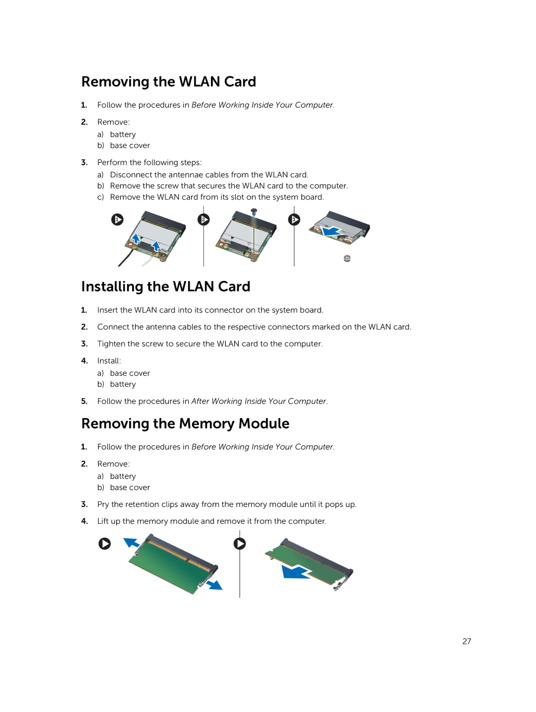 Dell 469-3137, 469-4077, I14RMT7500SLV Removing the Wlan Card, Installing the Wlan Card, Removing the Memory Module 