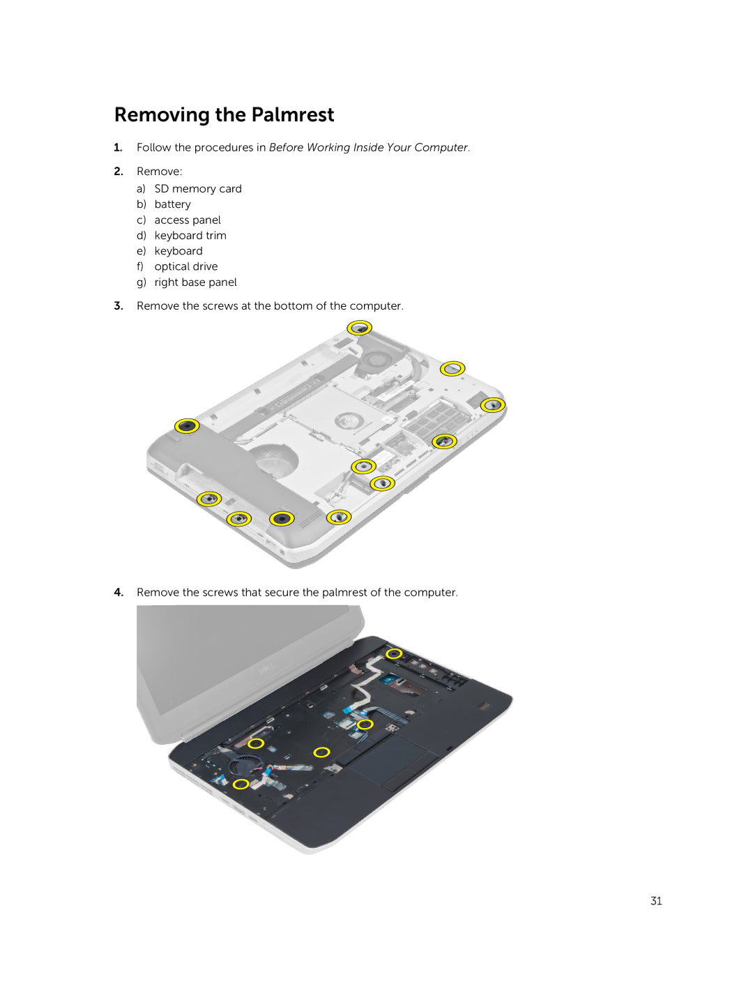 Dell 469-4077, 469-3137, I14RMT7500SLV owner manual Removing the Palmrest 