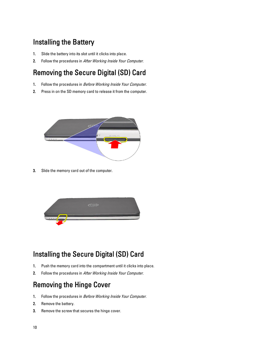 Dell 469-3486 Installing the Battery, Removing the Secure Digital SD Card, Installing the Secure Digital SD Card 