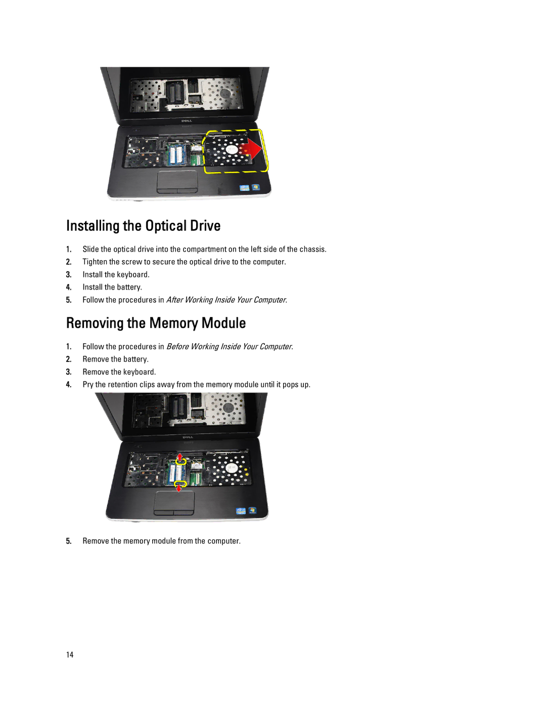 Dell 469-3486 owner manual Installing the Optical Drive, Removing the Memory Module 