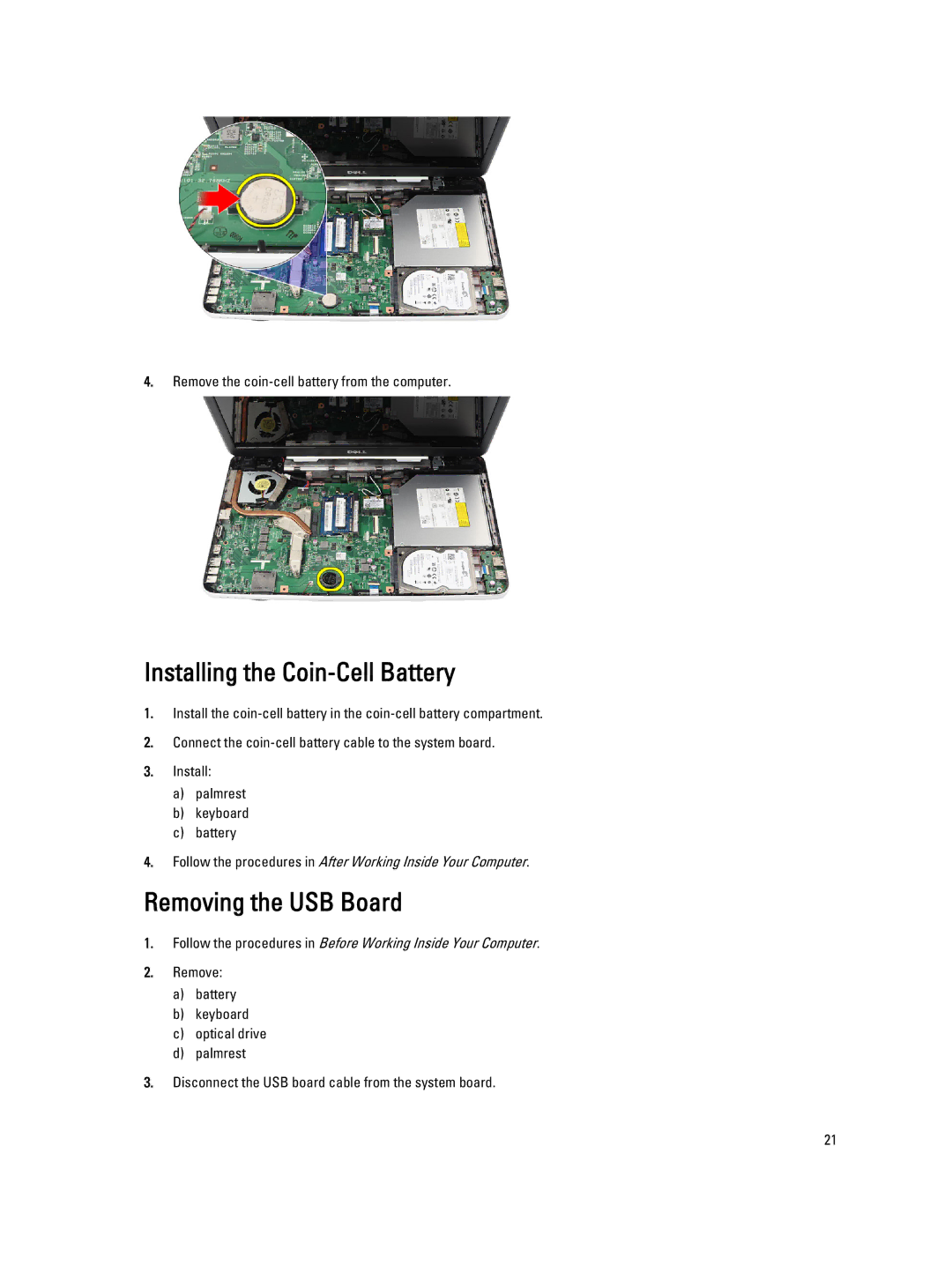 Dell 469-3486 owner manual Installing the Coin-Cell Battery, Removing the USB Board 