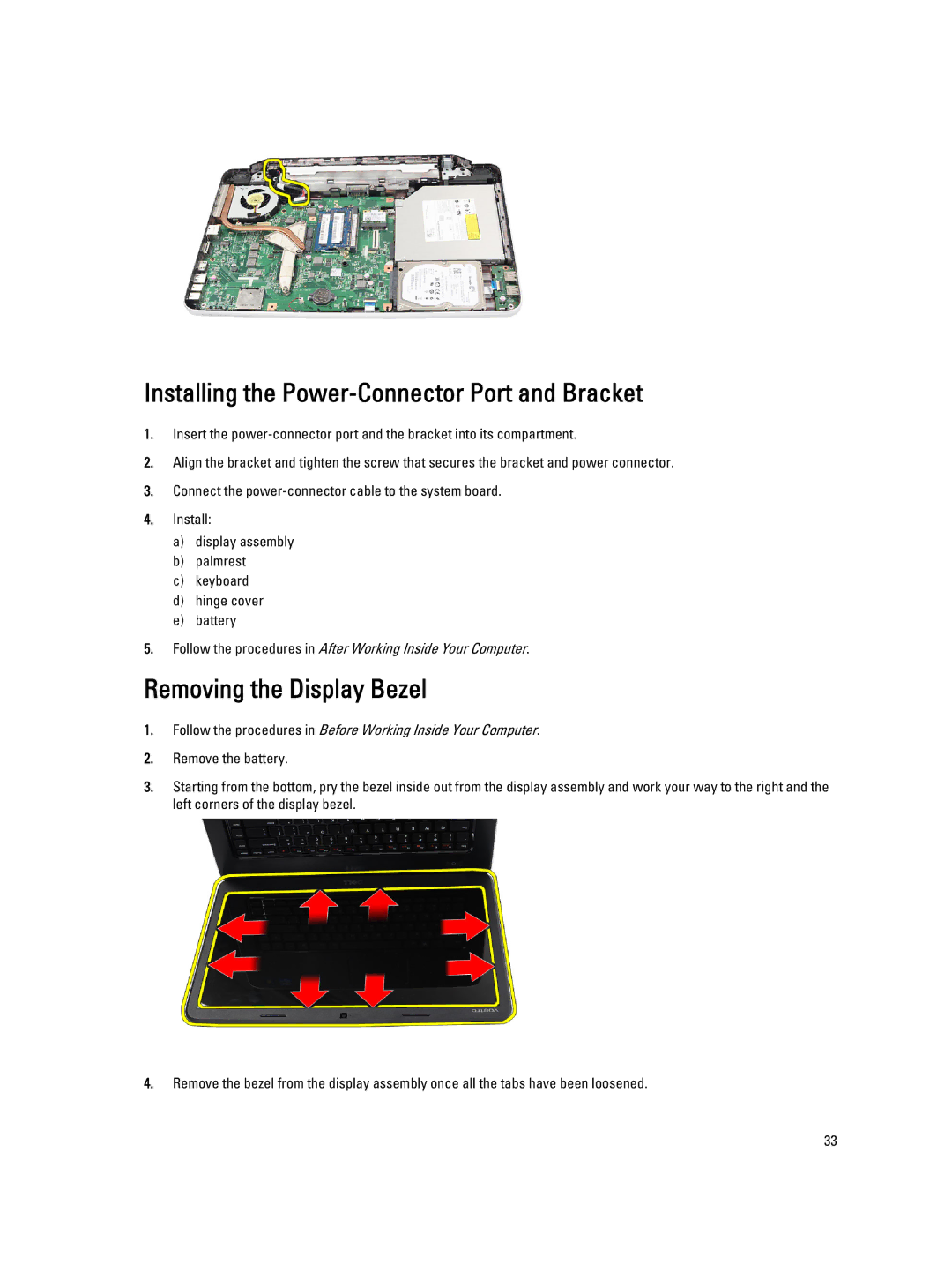 Dell 469-3486 owner manual Installing the Power-Connector Port and Bracket, Removing the Display Bezel 