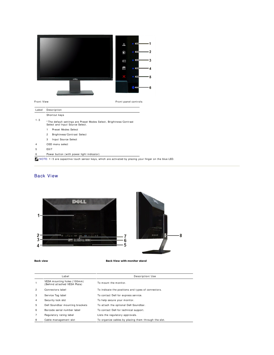 Dell 4690054, G615T appendix Back View, Front View Front panel controls Label Description 