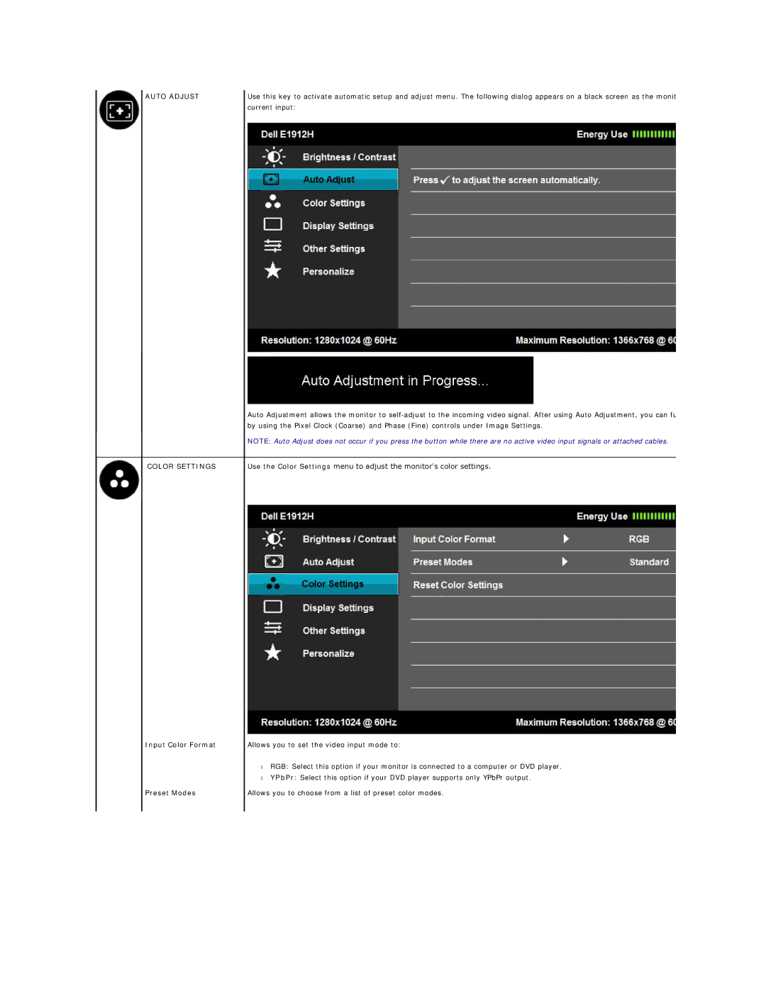 Dell 4690698 appendix Auto Adjust Color Settings, Input Color Format Preset Modes 