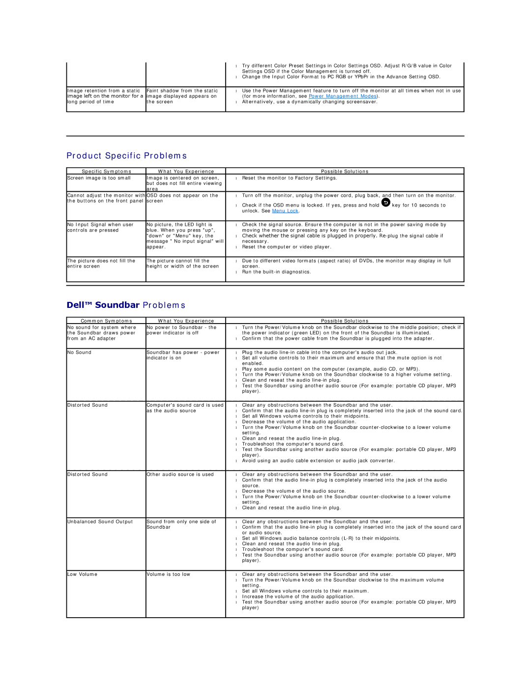 Dell 4690698 Product Specific Problems, Dell Soundbar Problems, Specific Symptoms What You Experience Possible Solutions 