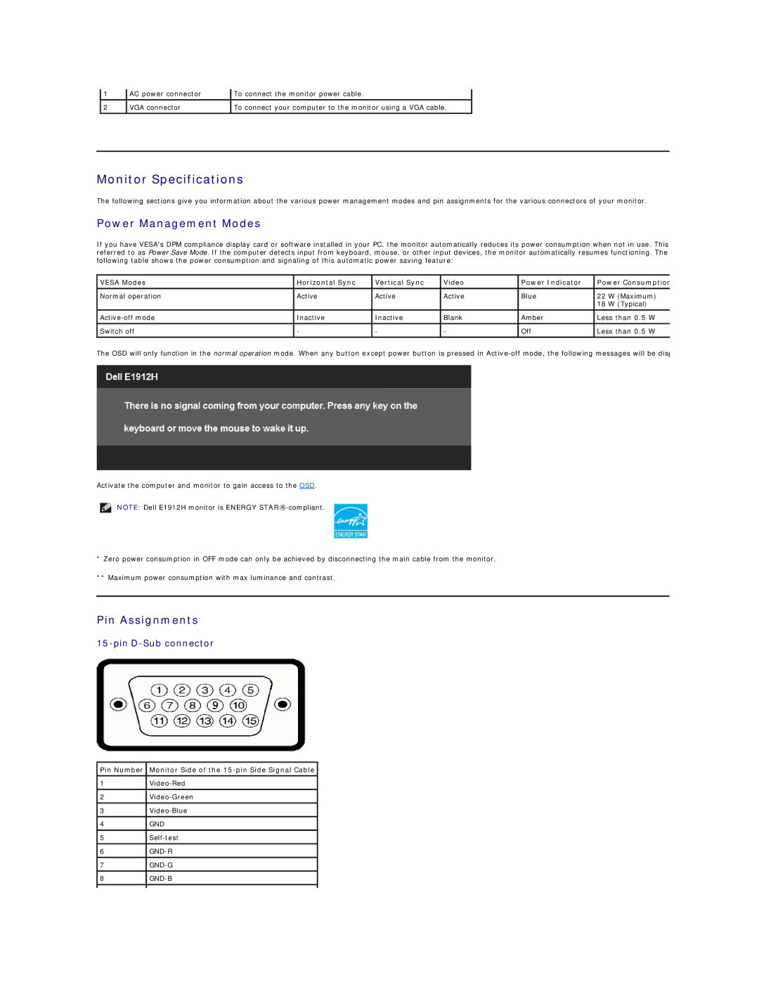 Dell 4690698 appendix Monitor Specifications, Power Management Modes, Pin Assignments 