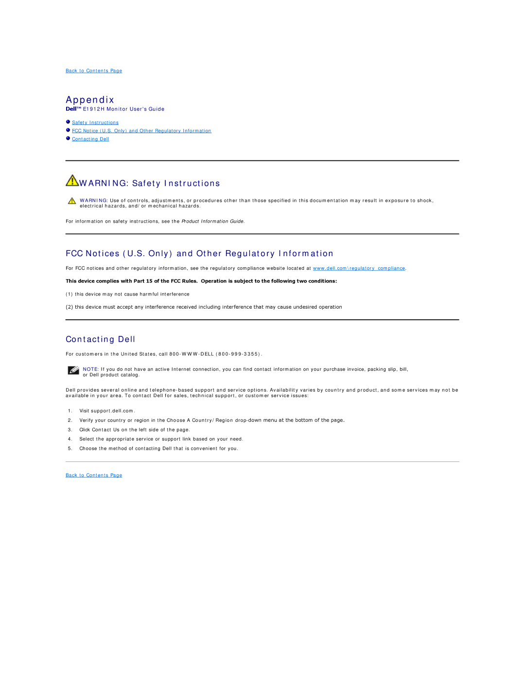 Dell 4690698 appendix Appendix, FCC Notices U.S. Only and Other Regulatory Information, Contacting Dell 